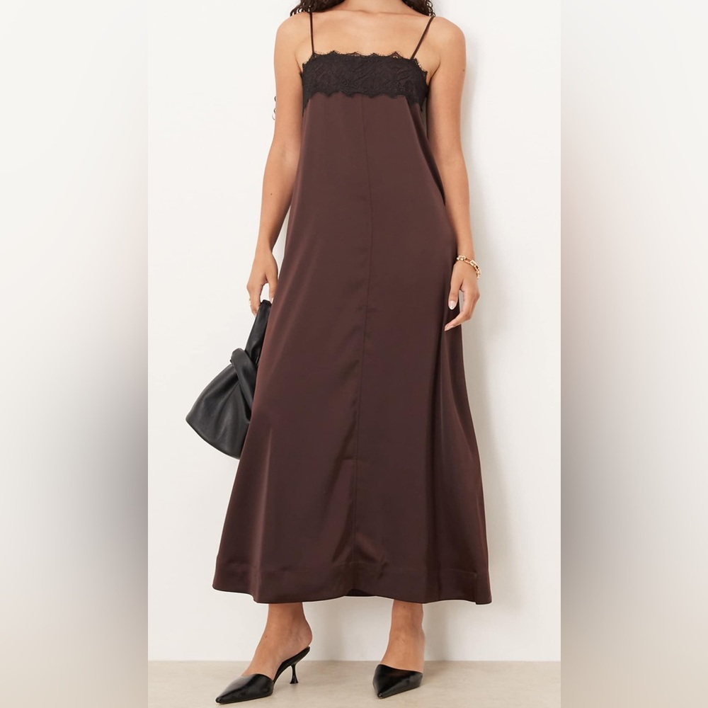 ASOS Brown Satin Slip Maxi Dress with Black Lace
